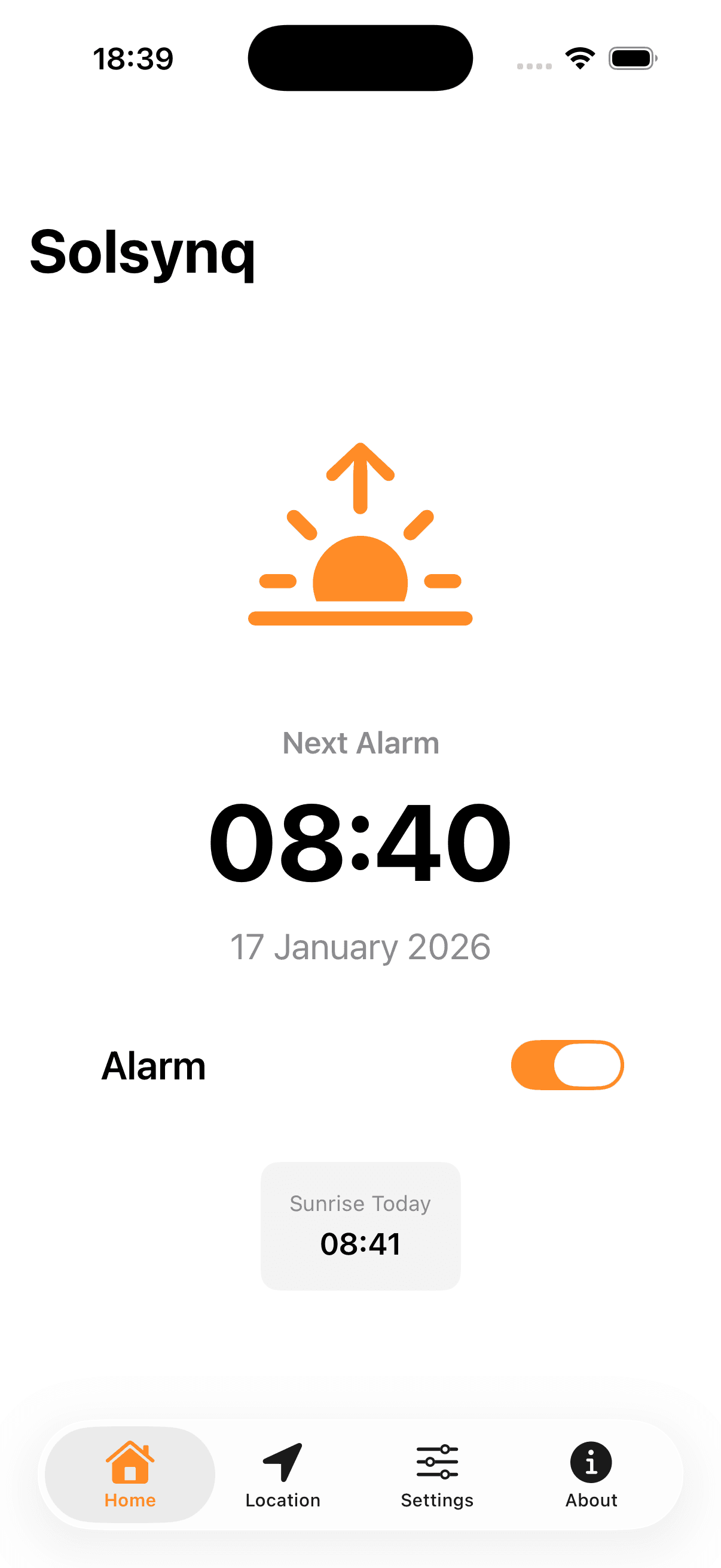 Solsynq app showing alarm activated at sunrise time